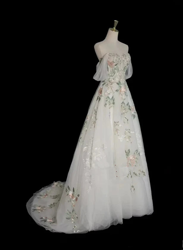 A-line Tulle with Flower Lace White Wedding Party Dress